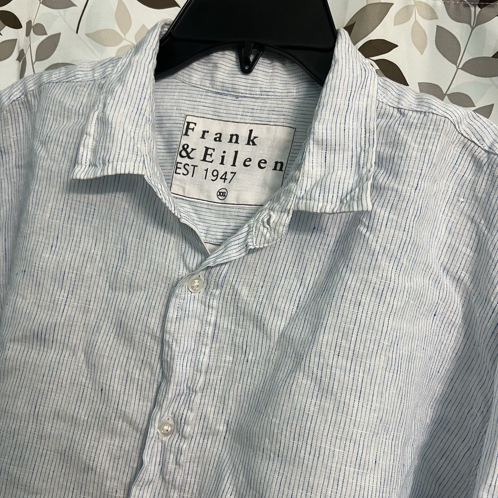 Frank & Eileen Paul Mens XXL Blue White Linen Button Down Striped Shirt Preppy